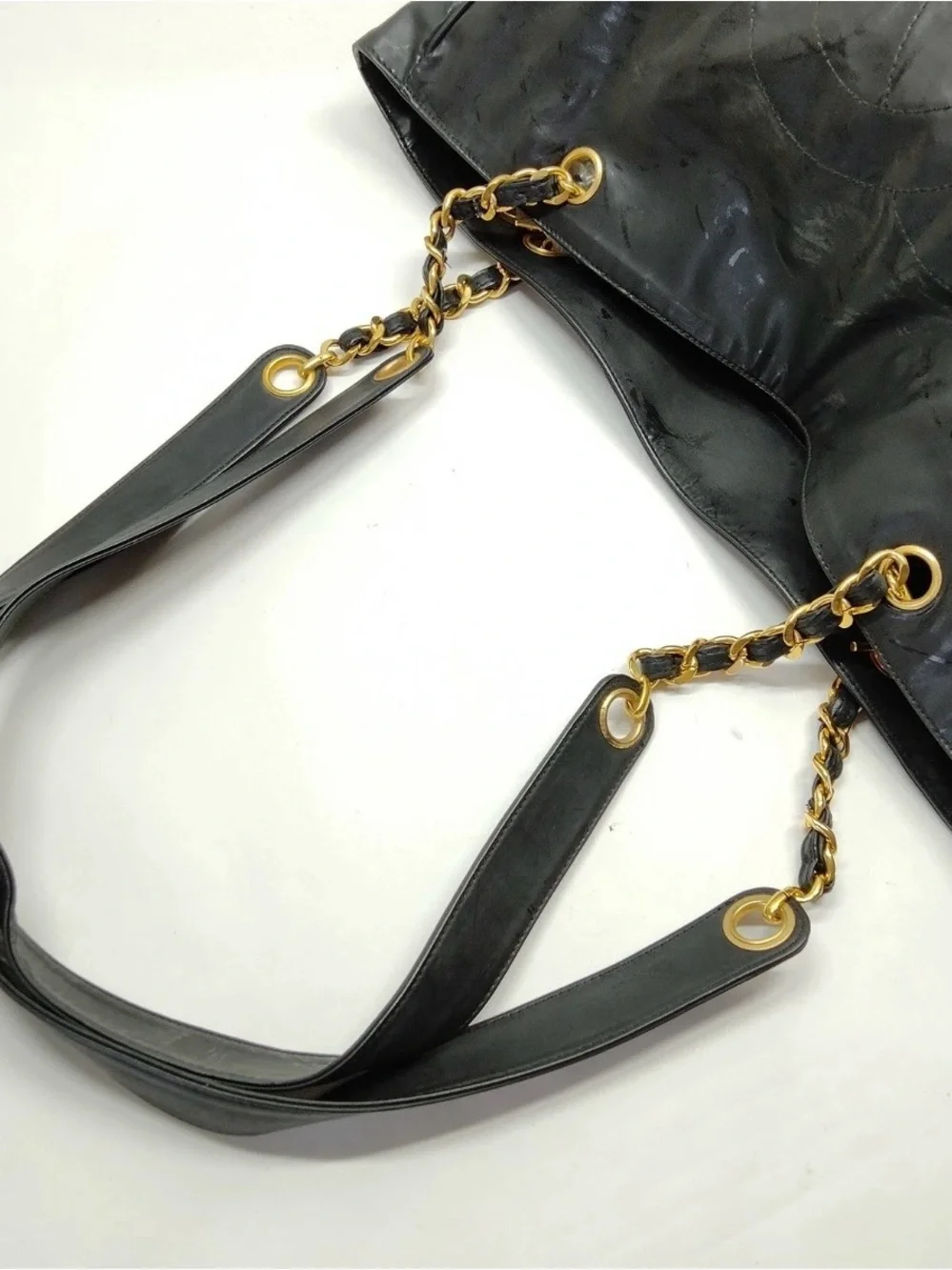 CHANEL Black Leather Tote with Gold Chain-Detail Straps